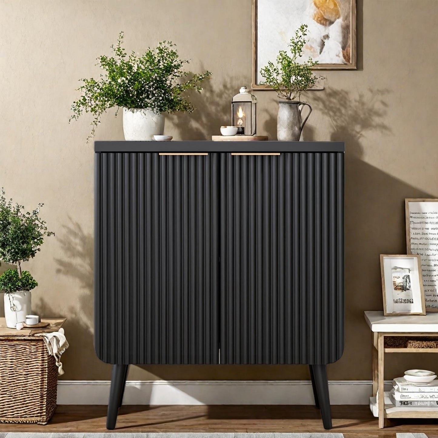 Fluted Buffet Cabinet with Doors and Shelves, Modern Wood Sideboard Coffee Bar Storage for Kitchen, Dining, or Living Room, Black