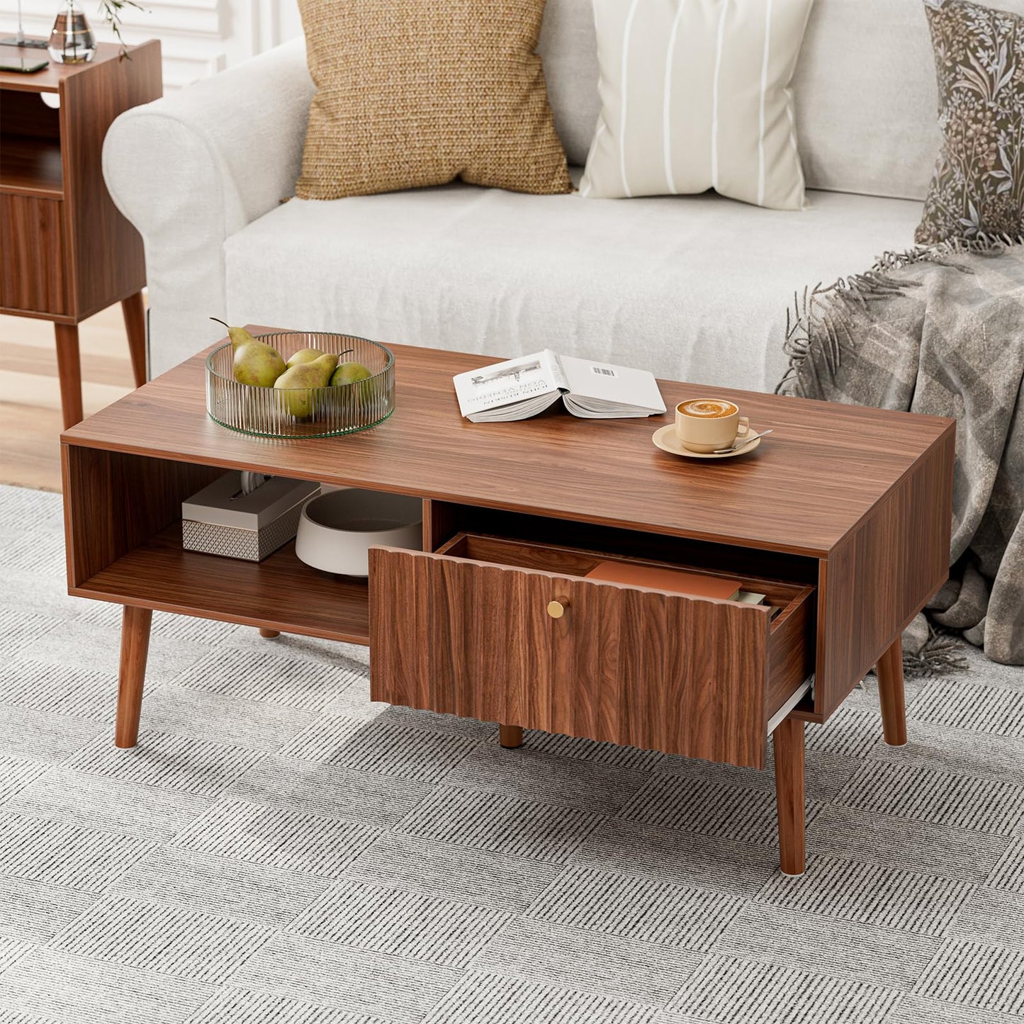 Mid-Century Modern Coffee Table with Storage – Fluted Drawer & Solid Wood Legs, Small Center Table for Living Room, Walnut