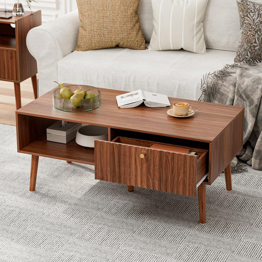 Mid-Century Modern Coffee Table with Storage – Fluted Drawer & Solid Wood Legs, Small Center Table for Living Room, Walnut