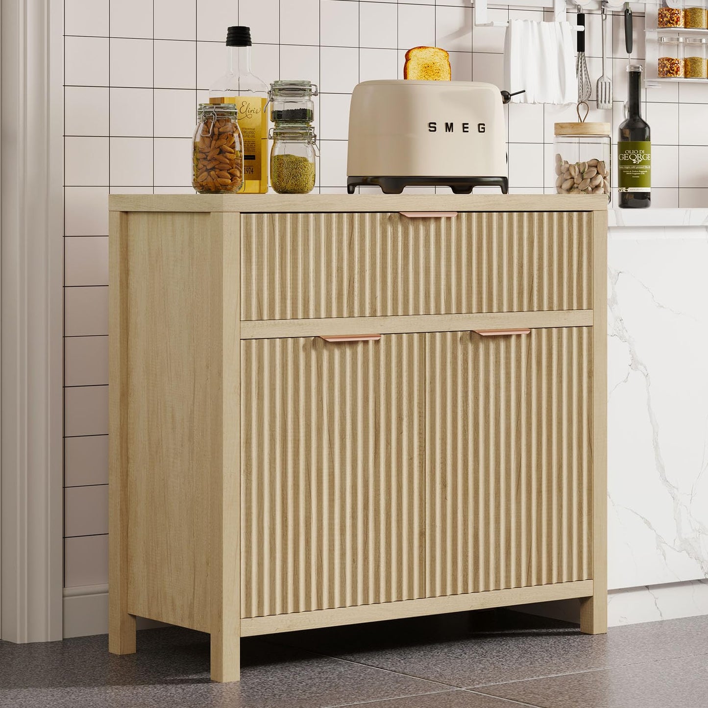 **Oak Fluted Door Accent Cabinet, Sideboard Buffet with 2 Doors, 1 Drawer & Adjustable Shelf, Modern Console Table for Living Room and Entryway**