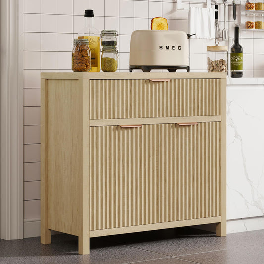 **Oak Fluted Door Accent Cabinet, Sideboard Buffet with 2 Doors, 1 Drawer & Adjustable Shelf, Modern Console Table for Living Room and Entryway**