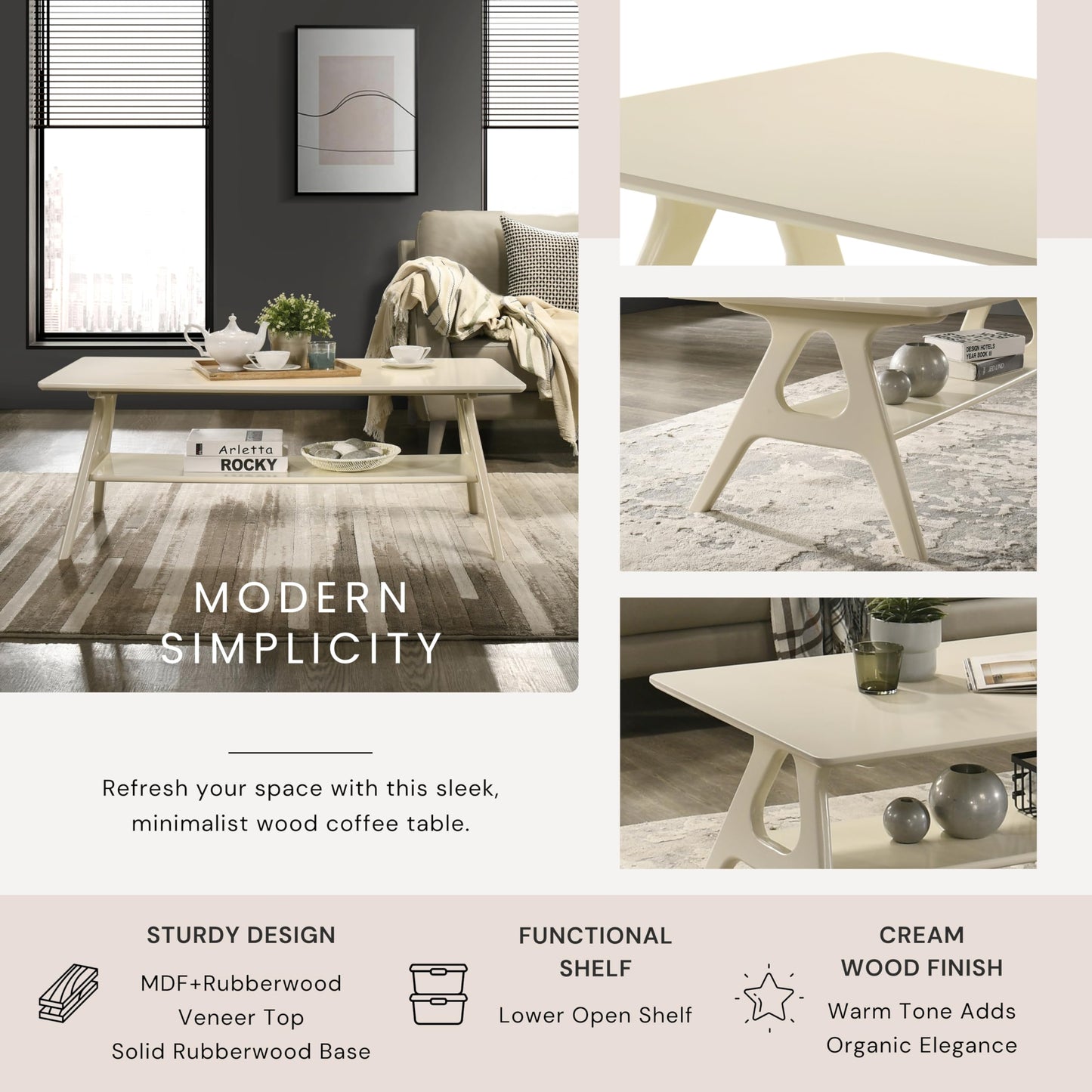 Roundhill Furniture Arona Mid-Century Modern Wood Coffee Table with Shelf – Off-White Finish