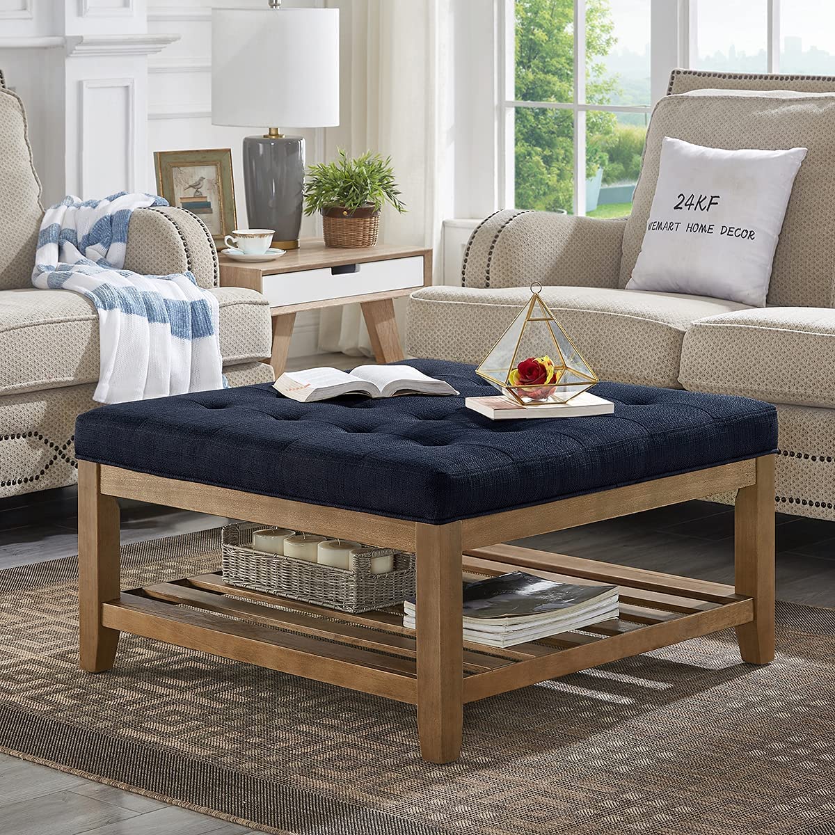 24KF Large Square Upholstered Tufted Linen Ottoman Coffee Table with Solid Wood Storage Shelf, Large Footrest Ottoman for Living Room, Navy Blue