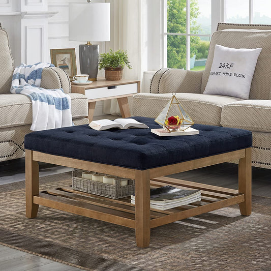 24KF Large Square Upholstered Tufted Linen Ottoman Coffee Table with Solid Wood Storage Shelf, Large Footrest Ottoman for Living Room, Navy Blue