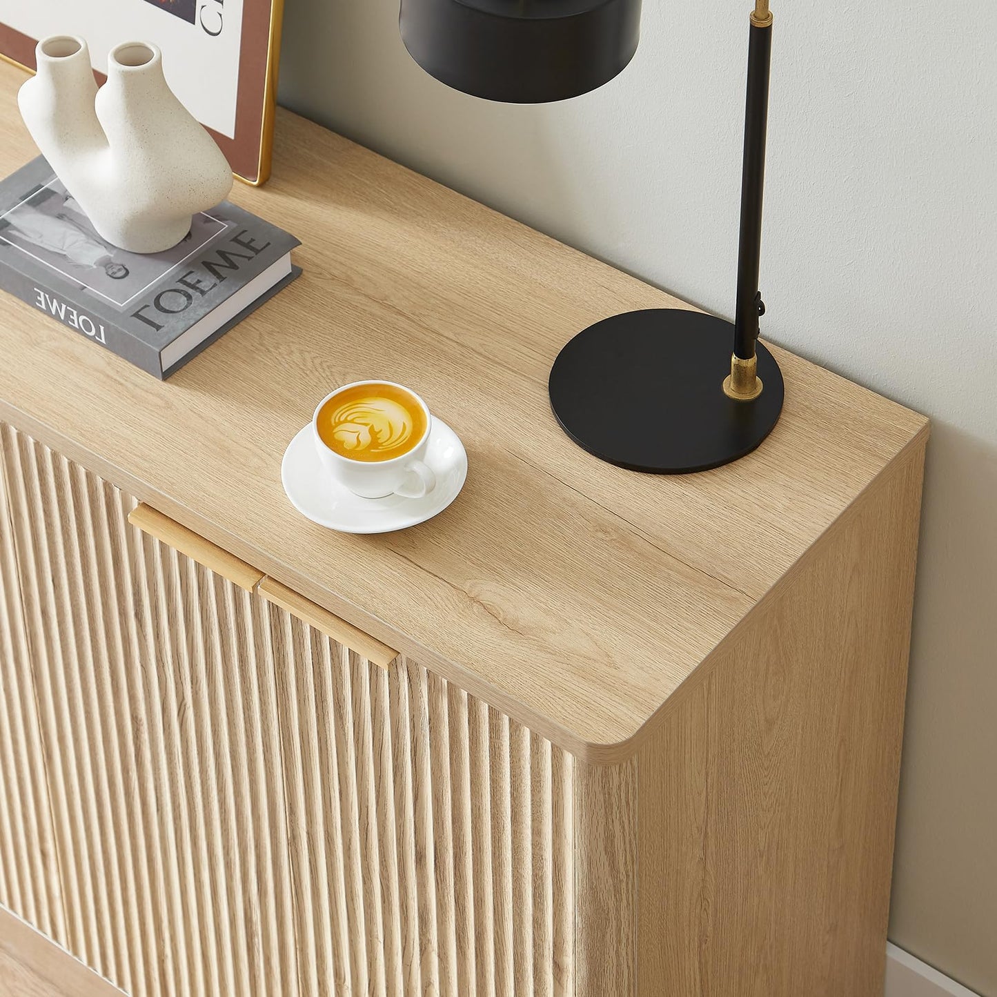 67" Fluted Oak Buffet Cabinet Sideboard with 6 Doors, Large Wood Mid-Century Modern Credenza Storage for Kitchen and Living Room