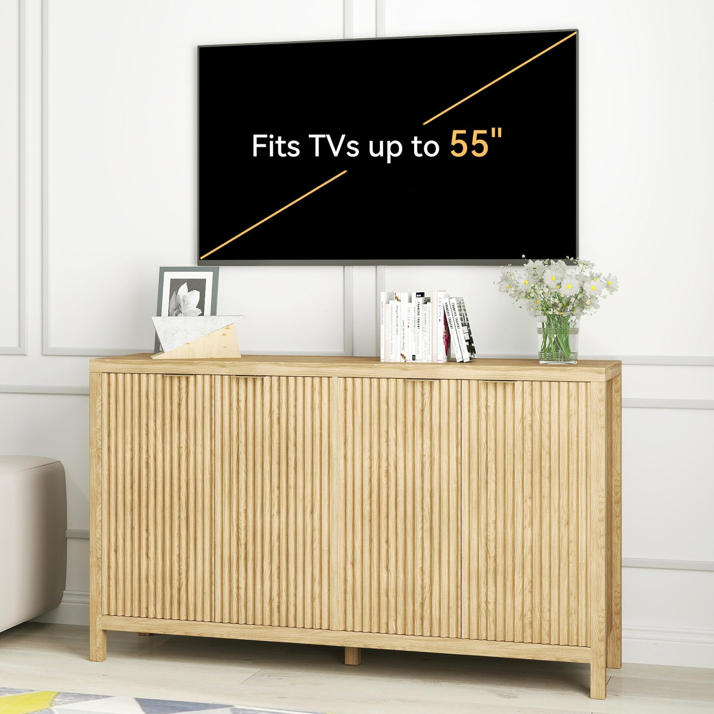 Fluted Sideboard Buffet Cabinet with 4 Doors and Adjustable Shelves, Modern Credenza Coffee Bar Table, Natural Oak