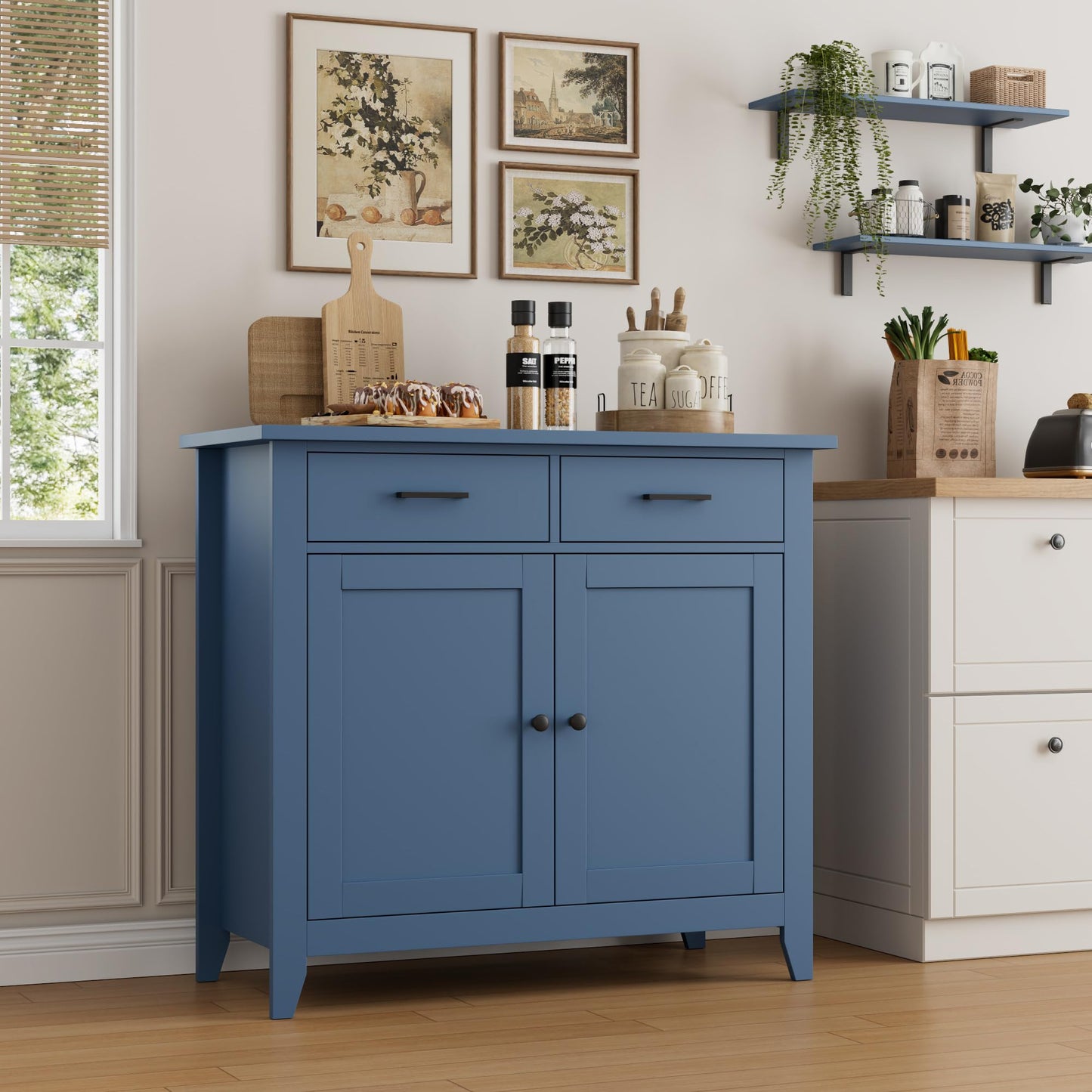 HORSTORS Modern Farmhouse Buffet Cabinet with Storage, Kitchen Sideboard Coffee Bar with 2 Drawers and 2 Doors, Floor Storage Cabinet for Living Room, Dining Room, or Bathroom, Blue
