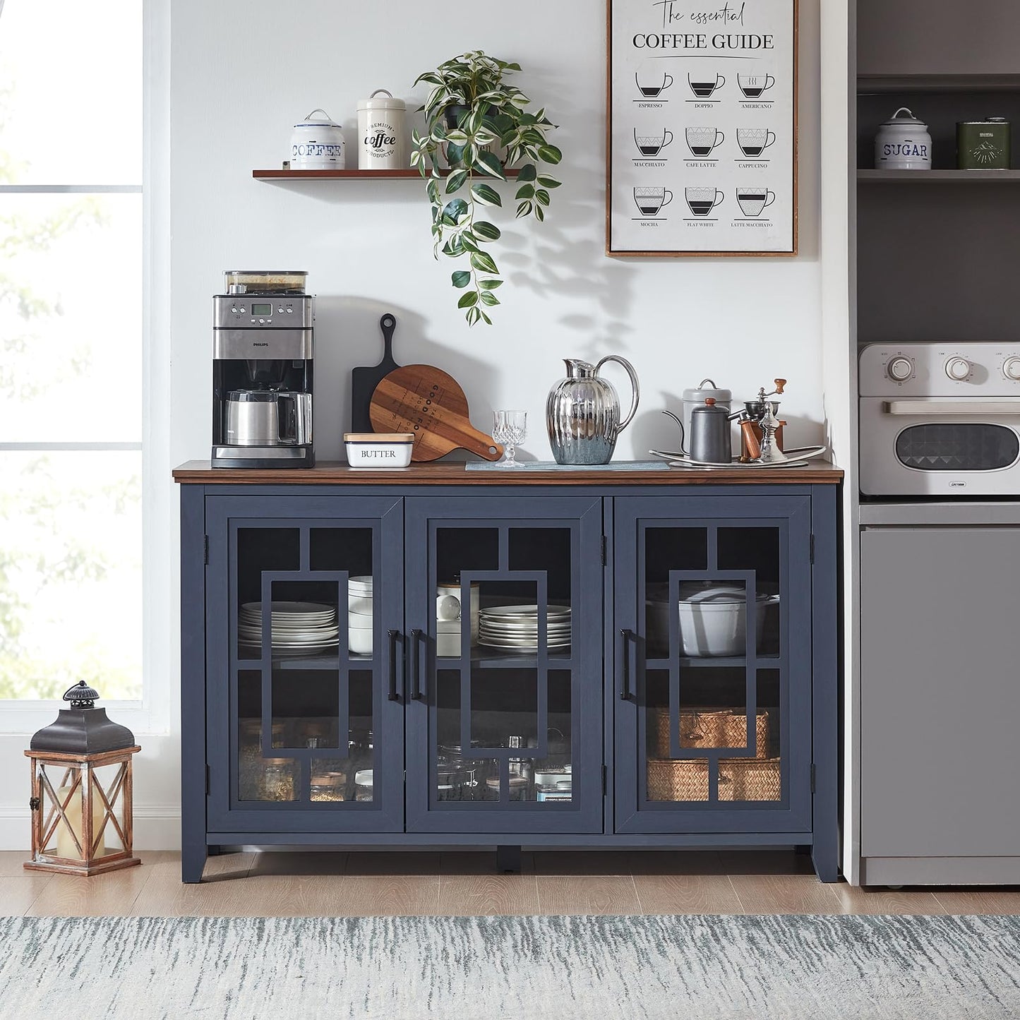 **55" Large Farmhouse Sideboard Buffet Cabinet with Storage, Wood Coffee & Wine Bar Cabinet with 3 Glass Doors, Mid-Century Modern Sideboard for Dining Room or Living Room, Navy Blue**