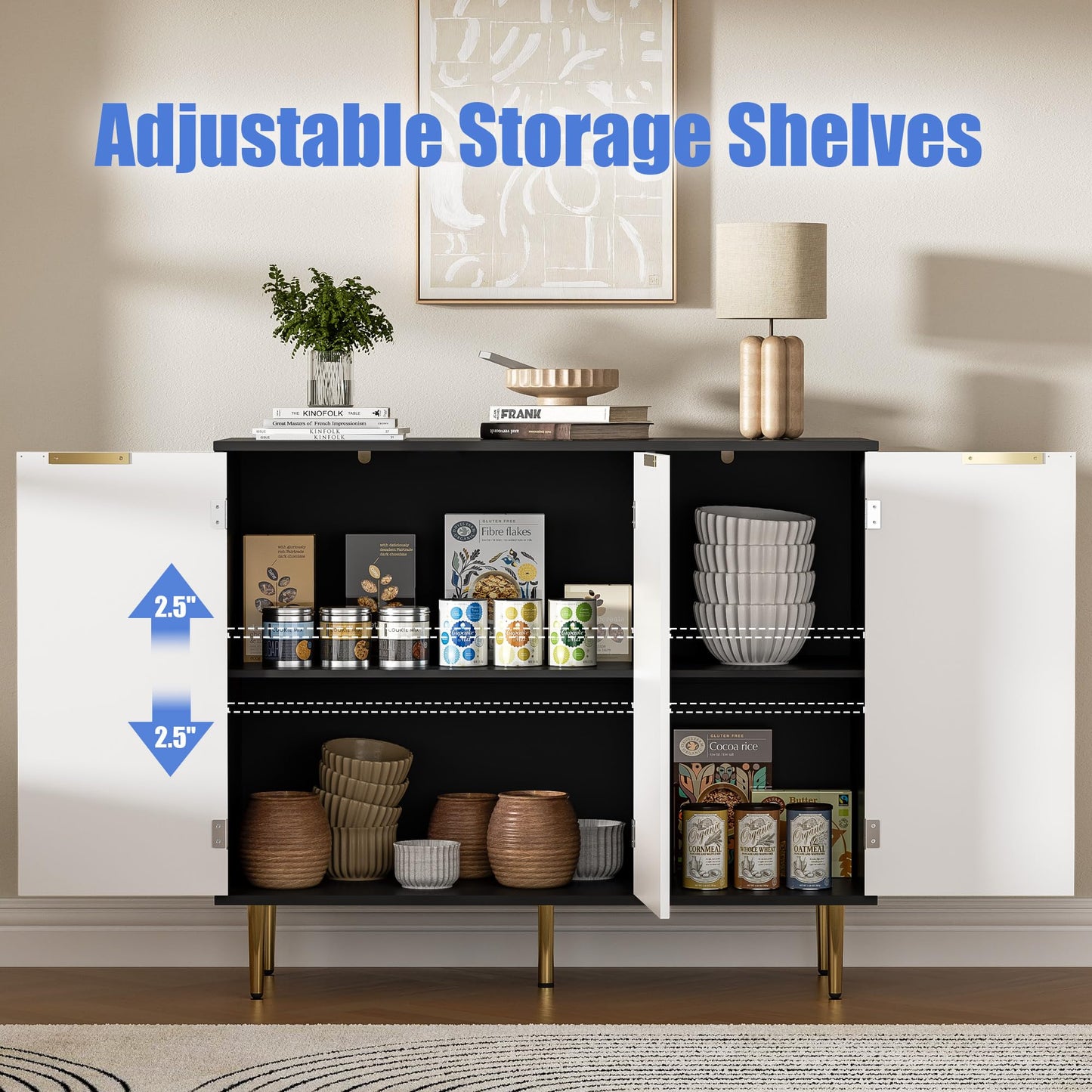 Fluted Sideboard Buffet with 3 Doors and Adjustable Shelves, Modern Kitchen Storage Cabinet with Gold Handles, Coffee Bar for Living Room or Kitchen, Black and White