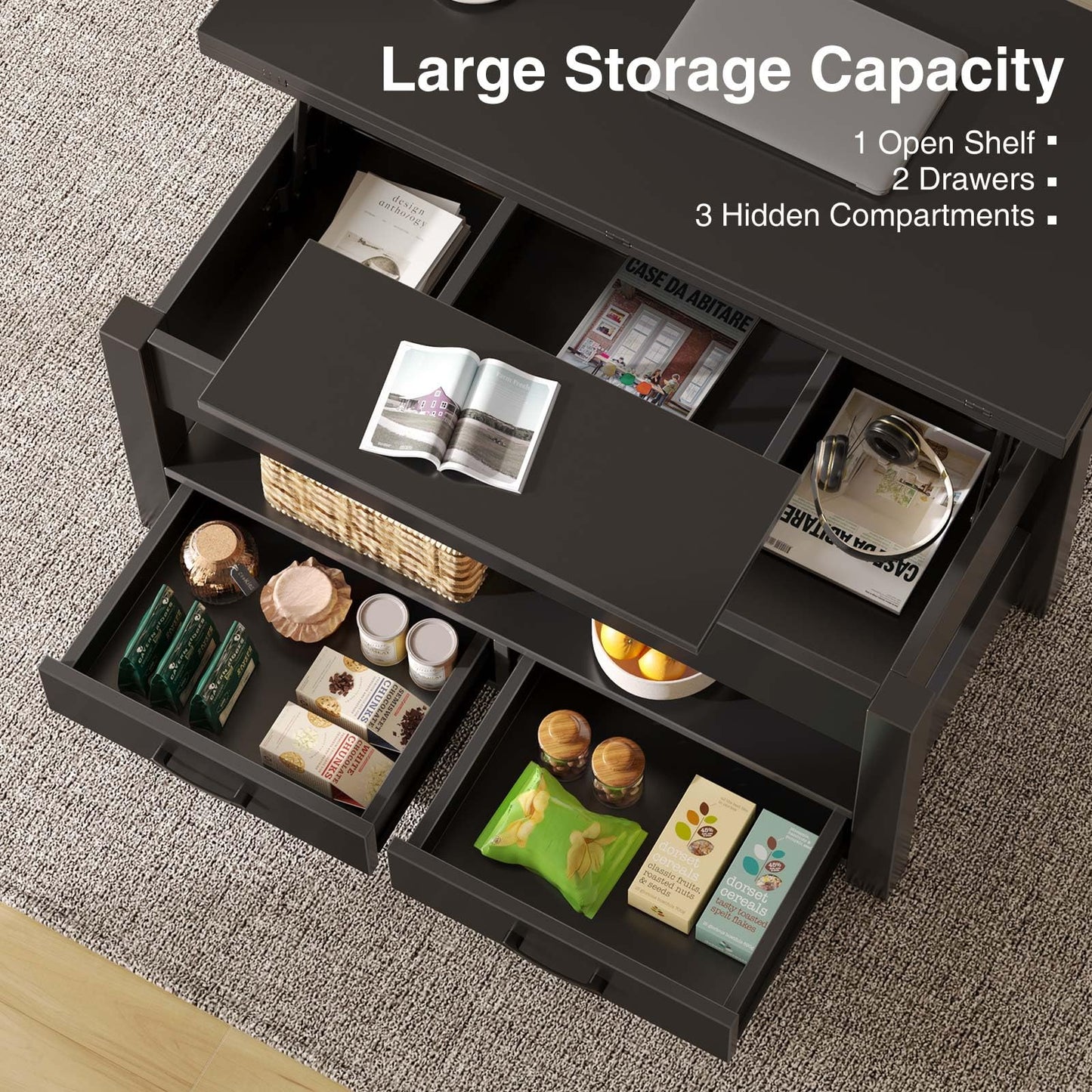 Rolanstar Lift Top Coffee Table – Multi-Function Convertible Table with Drawers & Hidden Compartment, Converts to Dining Table for Living Room or Home Office, Black