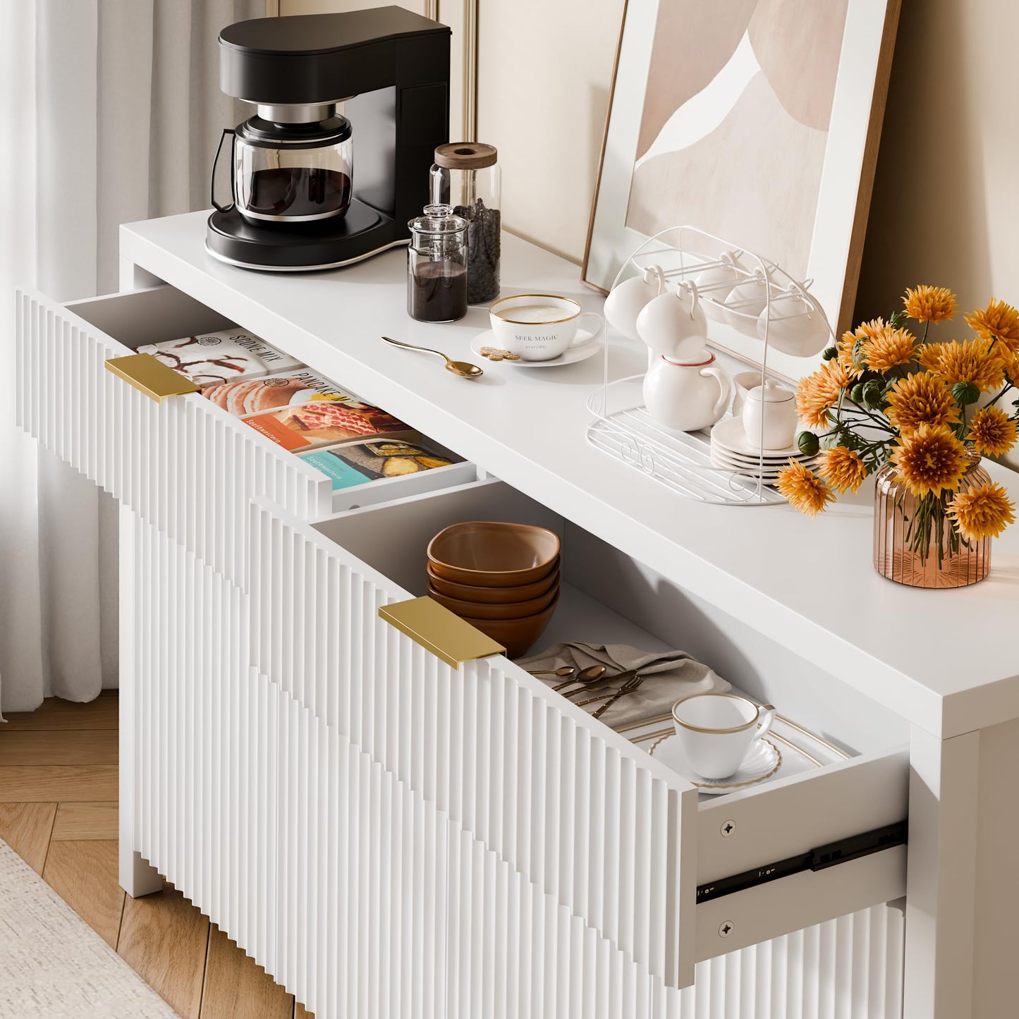 55" White Fluted Buffet Cabinet with Storage, Large Wood Sideboard with Adjustable Shelves for Entryway, Kitchen, or Living Room