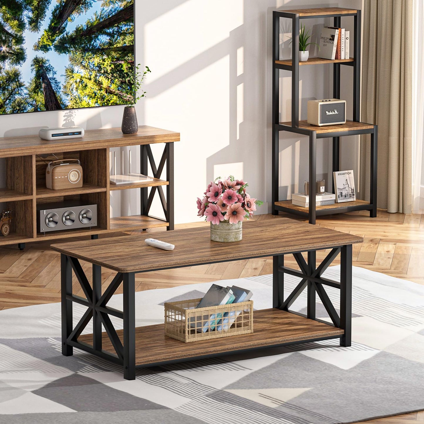 GreenForest 39" Coffee Table with Round Corners, Farmhouse Center Table with 2-Tier Storage Shelf & X-Frame Design for Living Room, Walnut