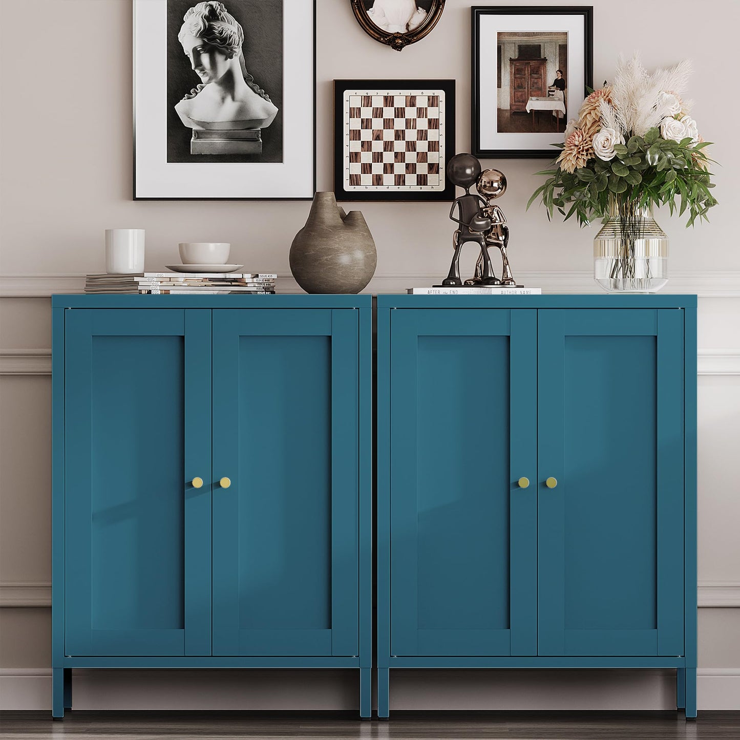 Metal Bathroom Storage Cabinet with 2 Doors and 2 Adjustable Shelves, Freestanding Sideboard for Small Spaces, Living Room, Home Office, or Dining Room