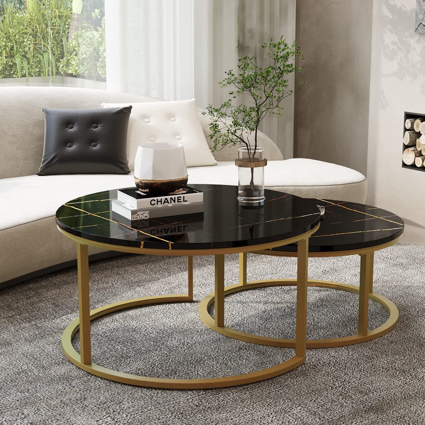 WiberWi Round Nesting Coffee Tables Set of 2 – Large Ø34", Small Ø26", Modern Gold Metal Frame Circle Tables with High Gloss Faux Black Marble Top for Living Room