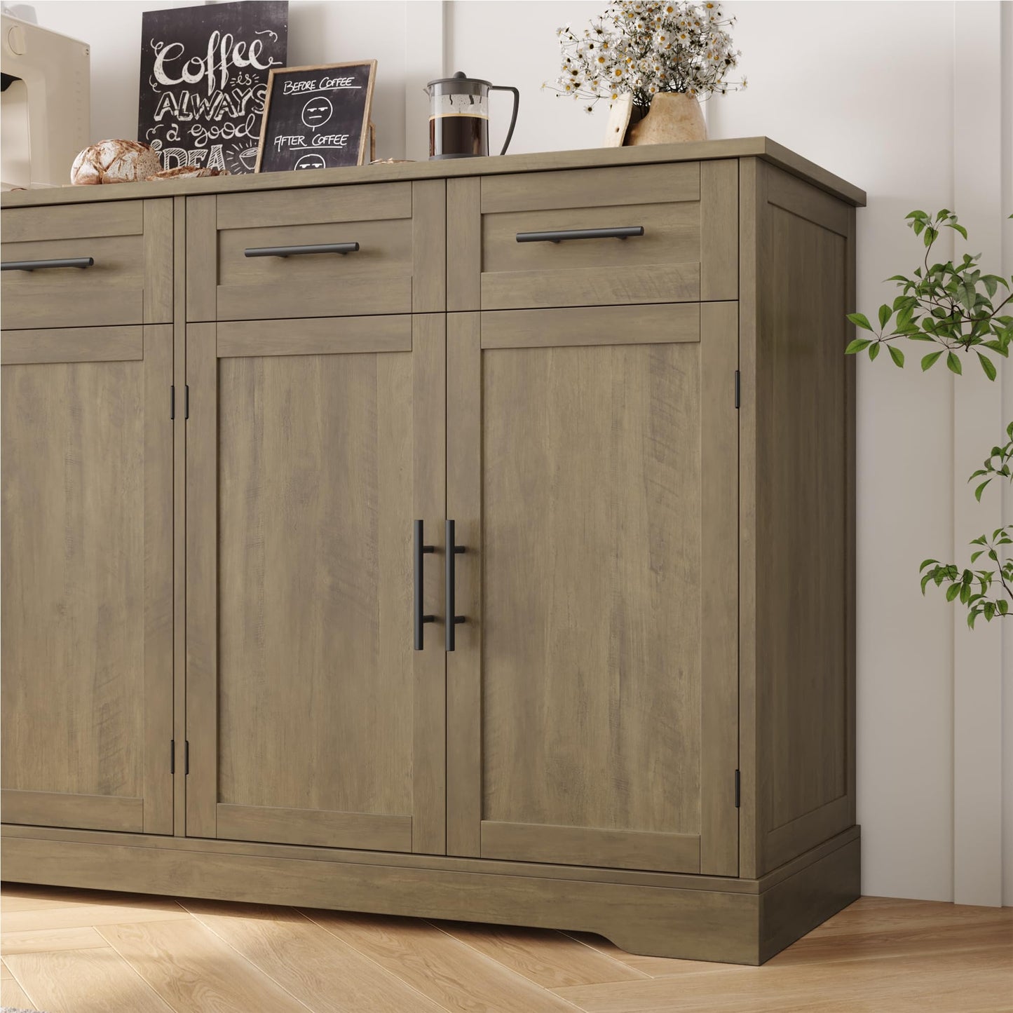 60" Large Buffet Sideboard with 4 Drawers and Storage, 36" Tall Modern Kitchen Cabinet with Black Handles, Rustic Brown