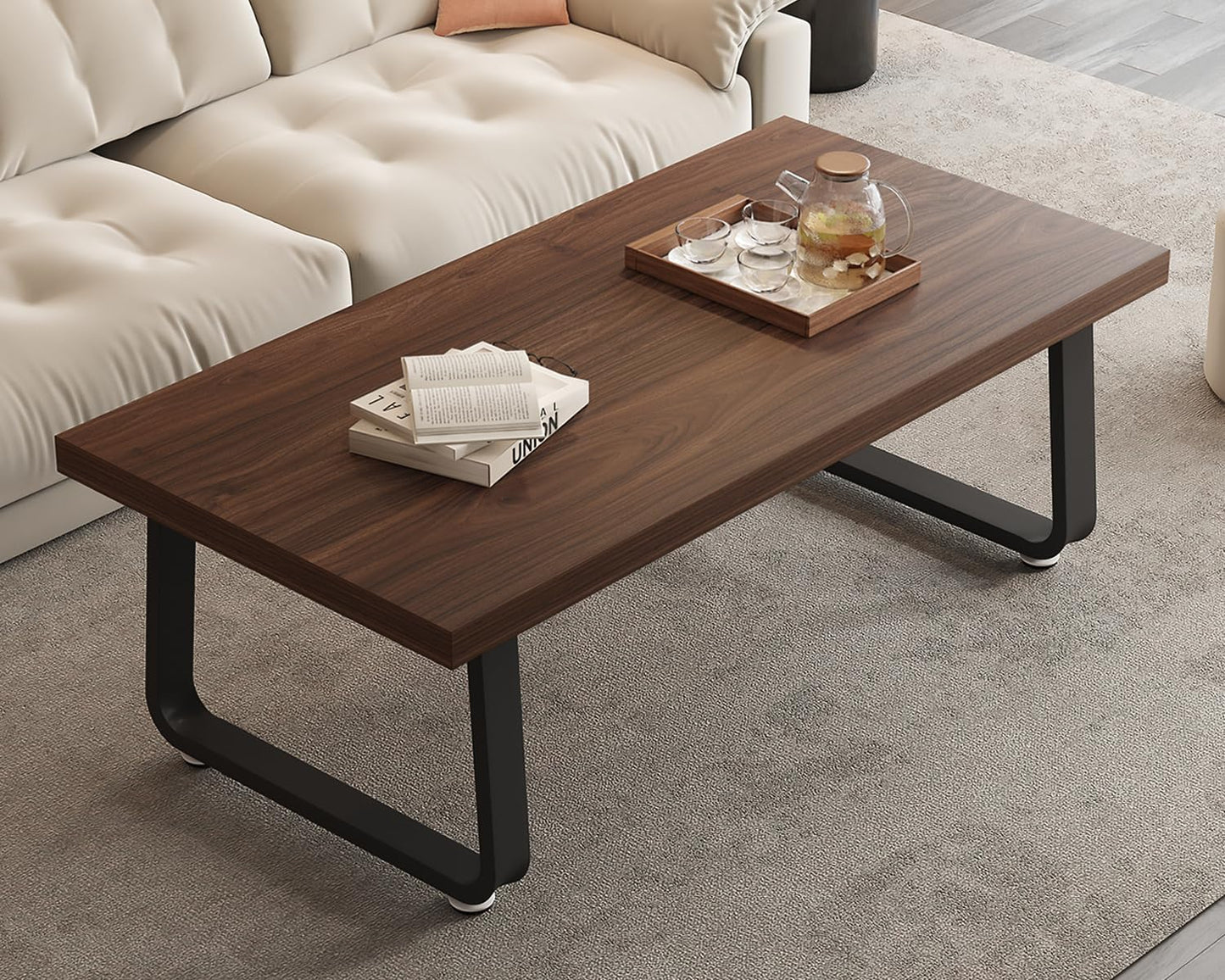 HSH 47" Rustic Walnut Coffee Table – Modern Industrial Rectangle Center Table, Farmhouse Wood and Metal Coffee Table for Living Room, Bedroom, or Office