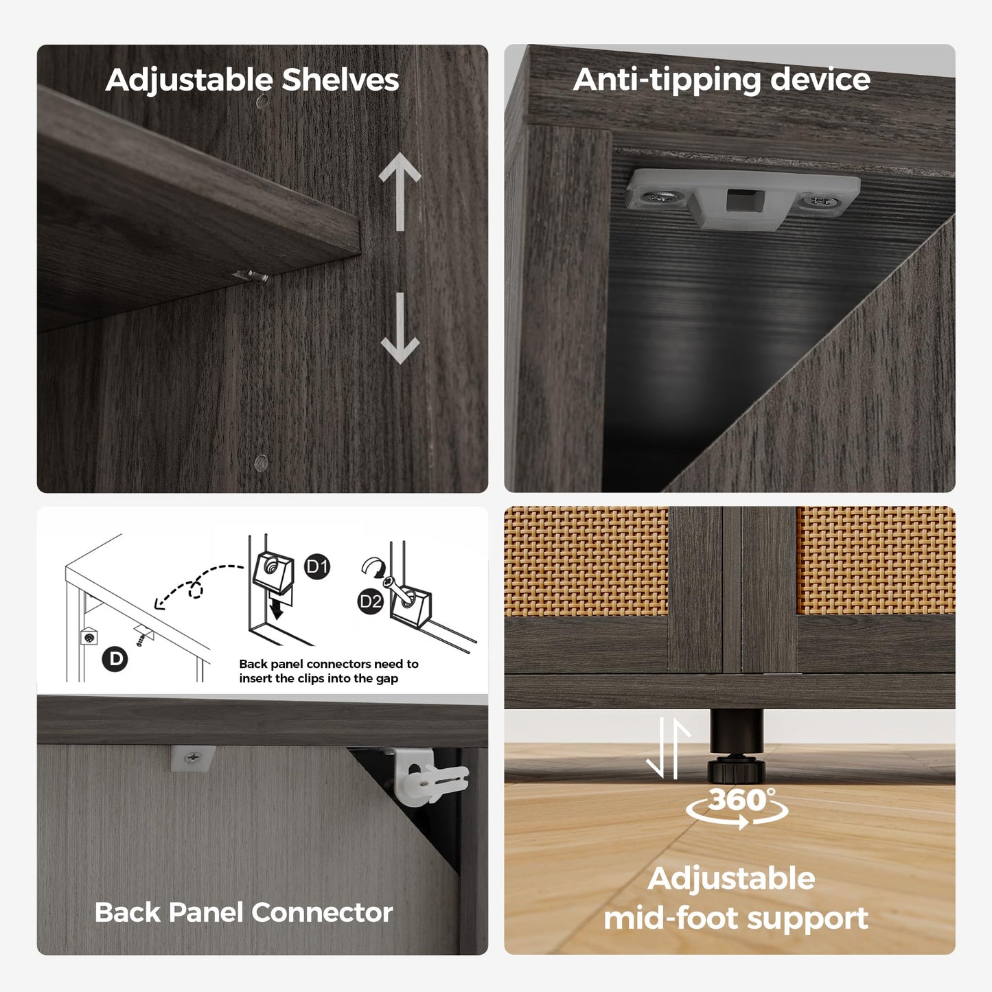 **Rattan Buffet Cabinet with Storage, Sideboard with Doors, TV Stand, Farmhouse Coffee Bar, Modern Wood Storage Cabinet for Living Room, Kitchen, or Dining Room, Black**