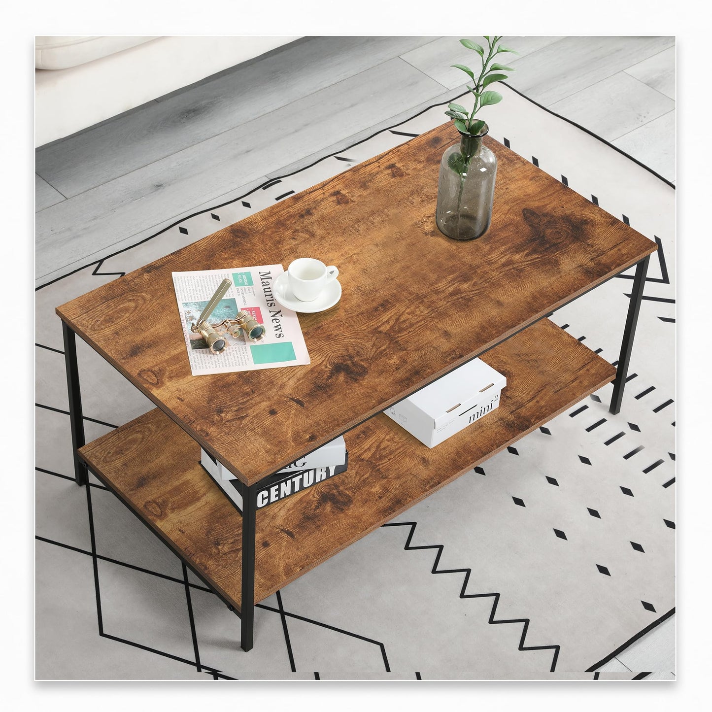 2-Tier Coffee Table with Storage Shelf, Brown Wood and Metal Frame Rectangle Table for Living Room, 39.3"x20"x16"