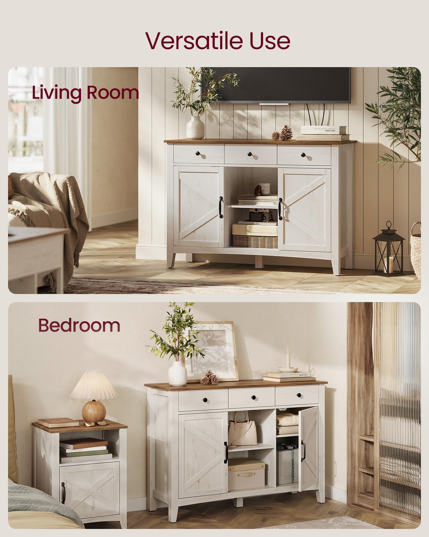 **Buffet Cabinet, Coffee Bar Cabinet with 3 Drawers, Adjustable Shelves, Sideboard Storage with Cable Holes and Drawer Dividers, Rustic White and Honey Brown**