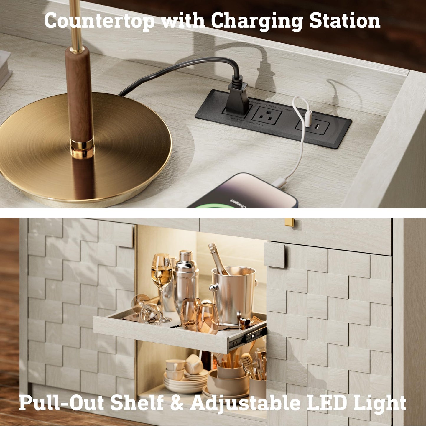 55" Fluted Sideboard Buffet Cabinet with Charging Station and LED Light, 2 Drawers, Pull-Out Shelf, and Spice Rack, Modern Kitchen Storage, White Oak