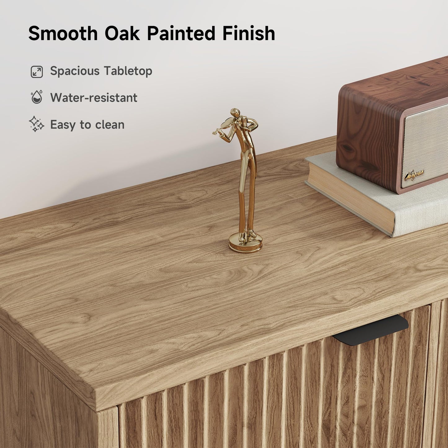 **Fluted Buffet Cabinet with Storage, Modern Sideboard with 2 Doors, 3 Drawers, and Adjustable Shelf, Coffee Bar Cabinet Credenza Buffet Table for Kitchen and Living Room, Oak**