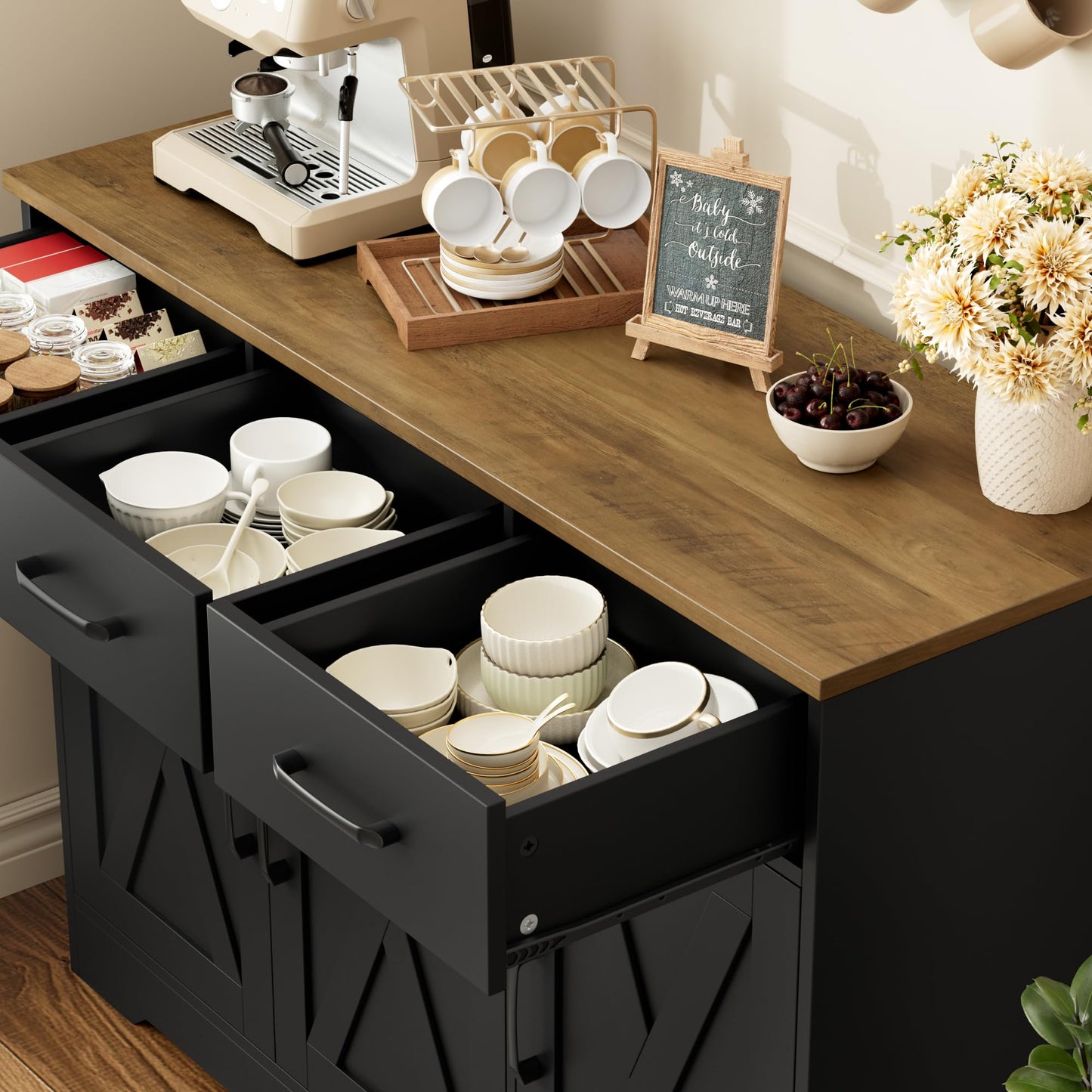 **HOSTACK Modern Farmhouse Buffet Sideboard Cabinet with Barn Doors, Drawers, and Shelves, Wood Coffee Bar Storage Cabinet for Dining Room, Kitchen, or Living Room, Ash Grey**