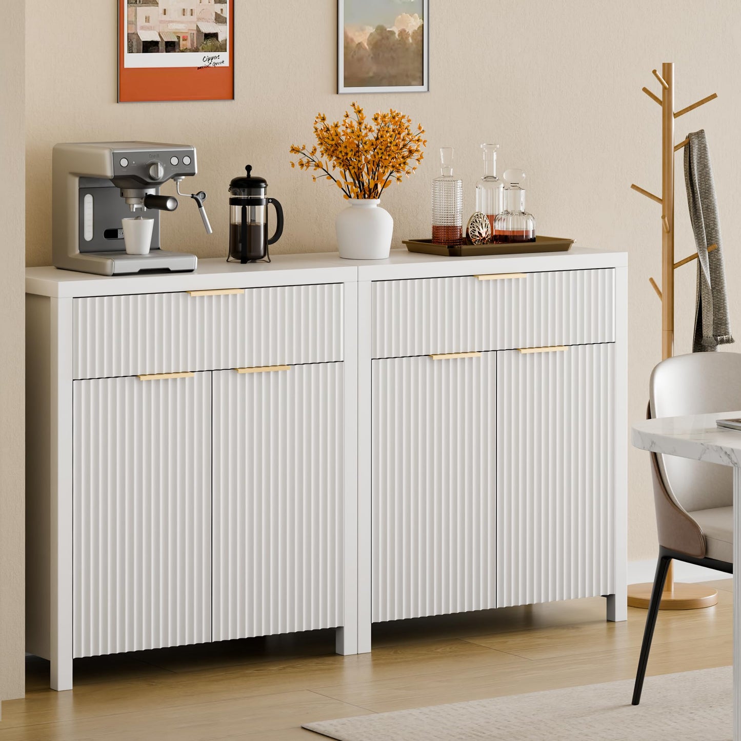 White Fluted Storage Cabinet with Drawers and Adjustable Shelves, Buffet Sideboard for Kitchen, Living Room, or Entryway