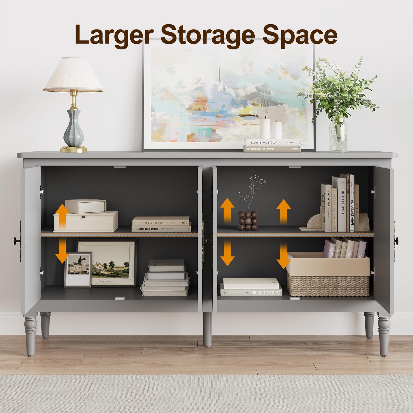 58" Large Sideboard Buffet Cabinet with Storage, Modern Credenza Coffee Bar Cabinet with Artistic Carved Handles for Dining or Living Room, Forest Green