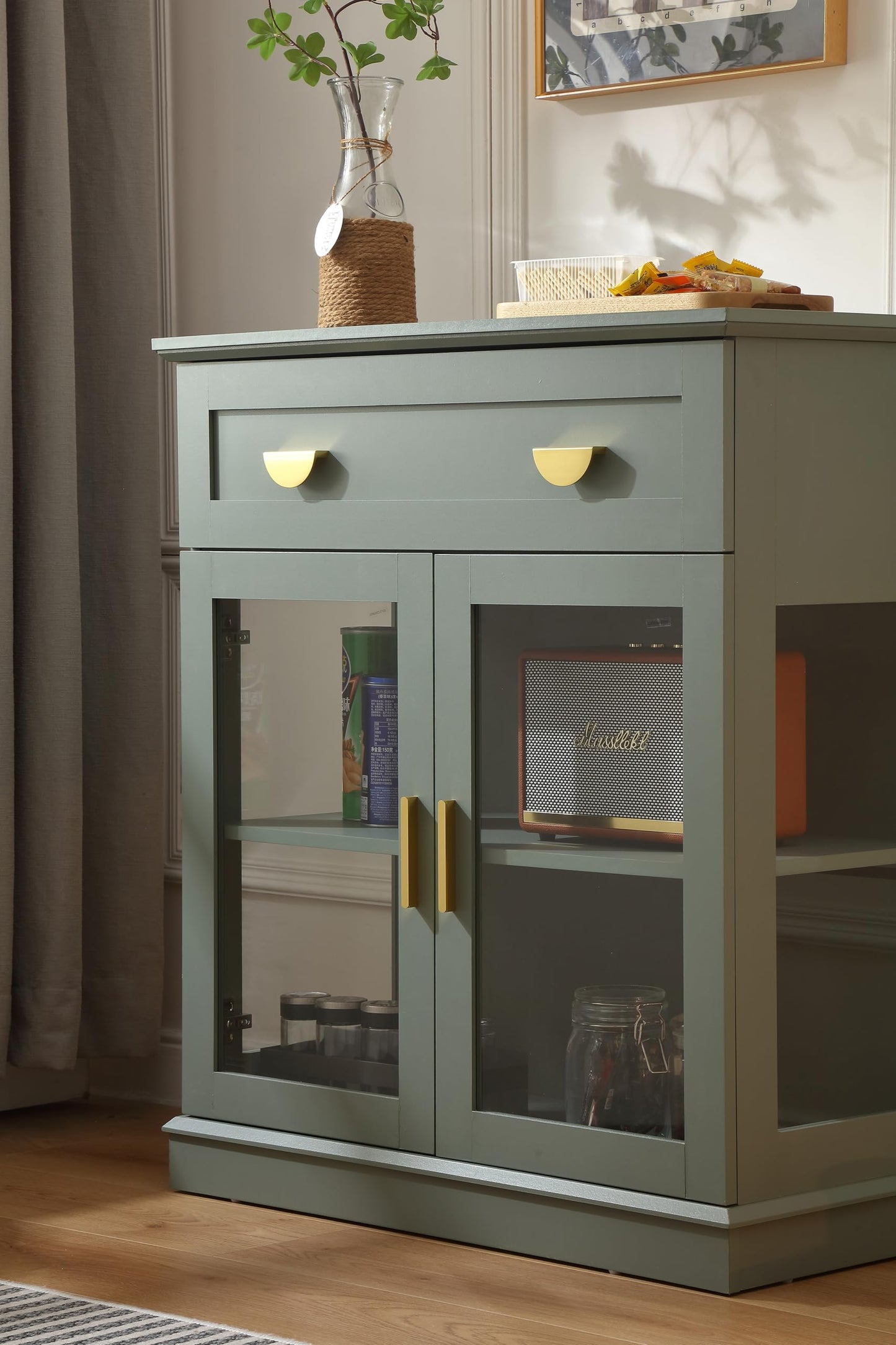 **31.5'' Small Buffet Cabinet with Glass Doors, Compact Coffee Bar Cabinet with Storage, Modern Sideboard Buffet with Adjustable Shelf and Drawer for Kitchen, Dining Room, and Living Room, Green**