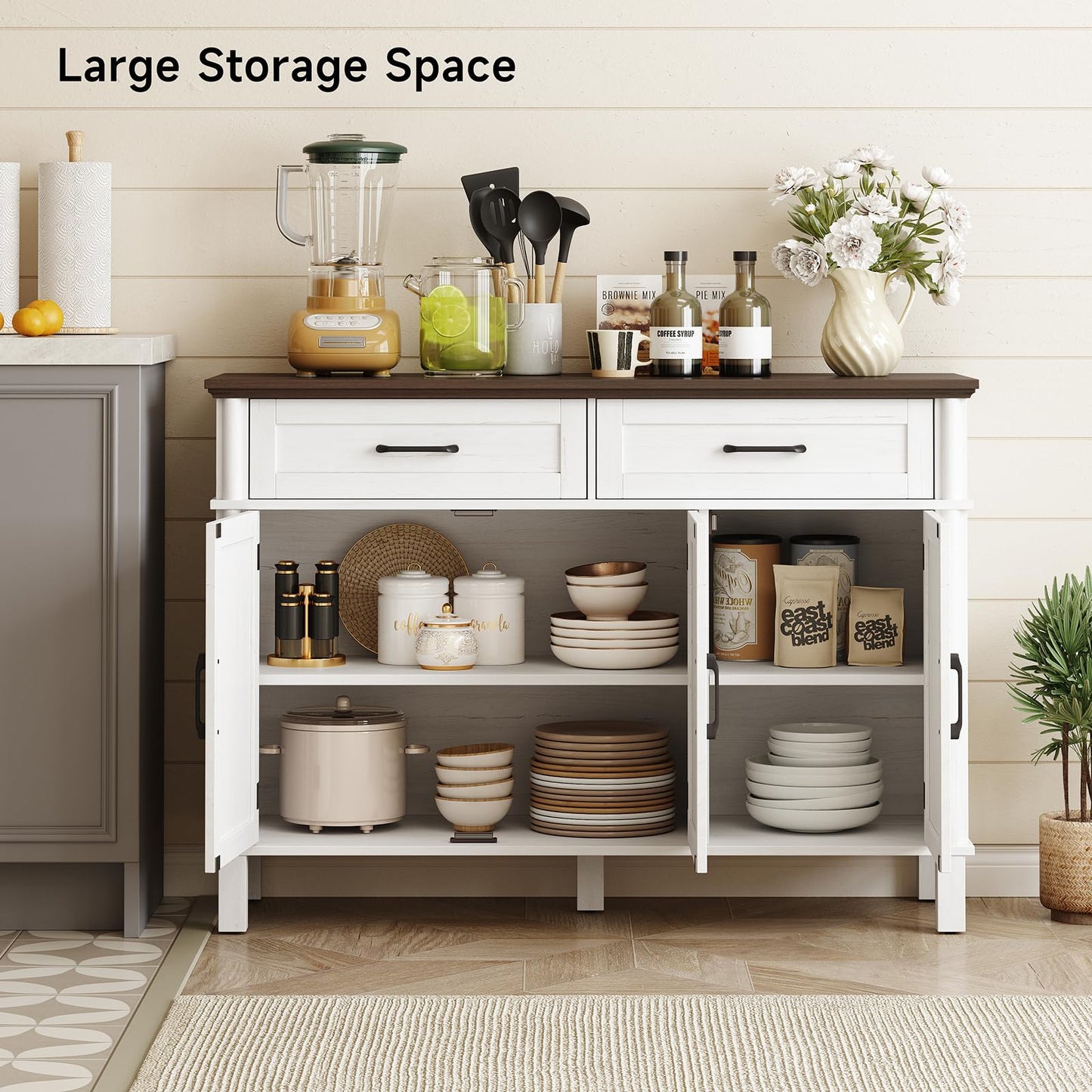 48" Farmhouse Buffet Sideboard Cabinet with 2 Drawers and 3 Doors, Wood Coffee Bar Cabinet with Adjustable Shelves for Kitchen or Living Room, Off White