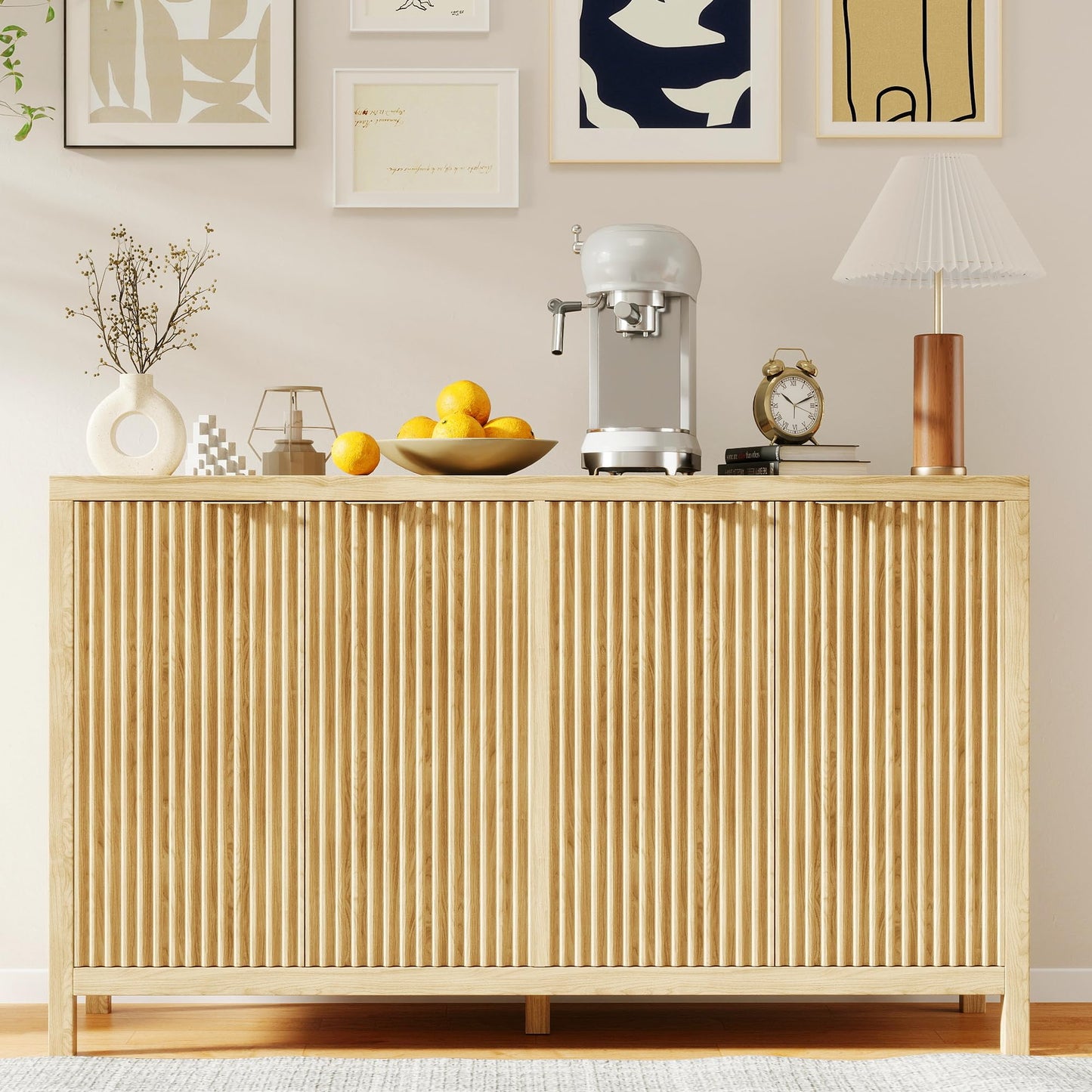 Fluted Sideboard Buffet Cabinet with 4 Doors and Adjustable Shelves, Modern Credenza Coffee Bar Table, Natural Oak