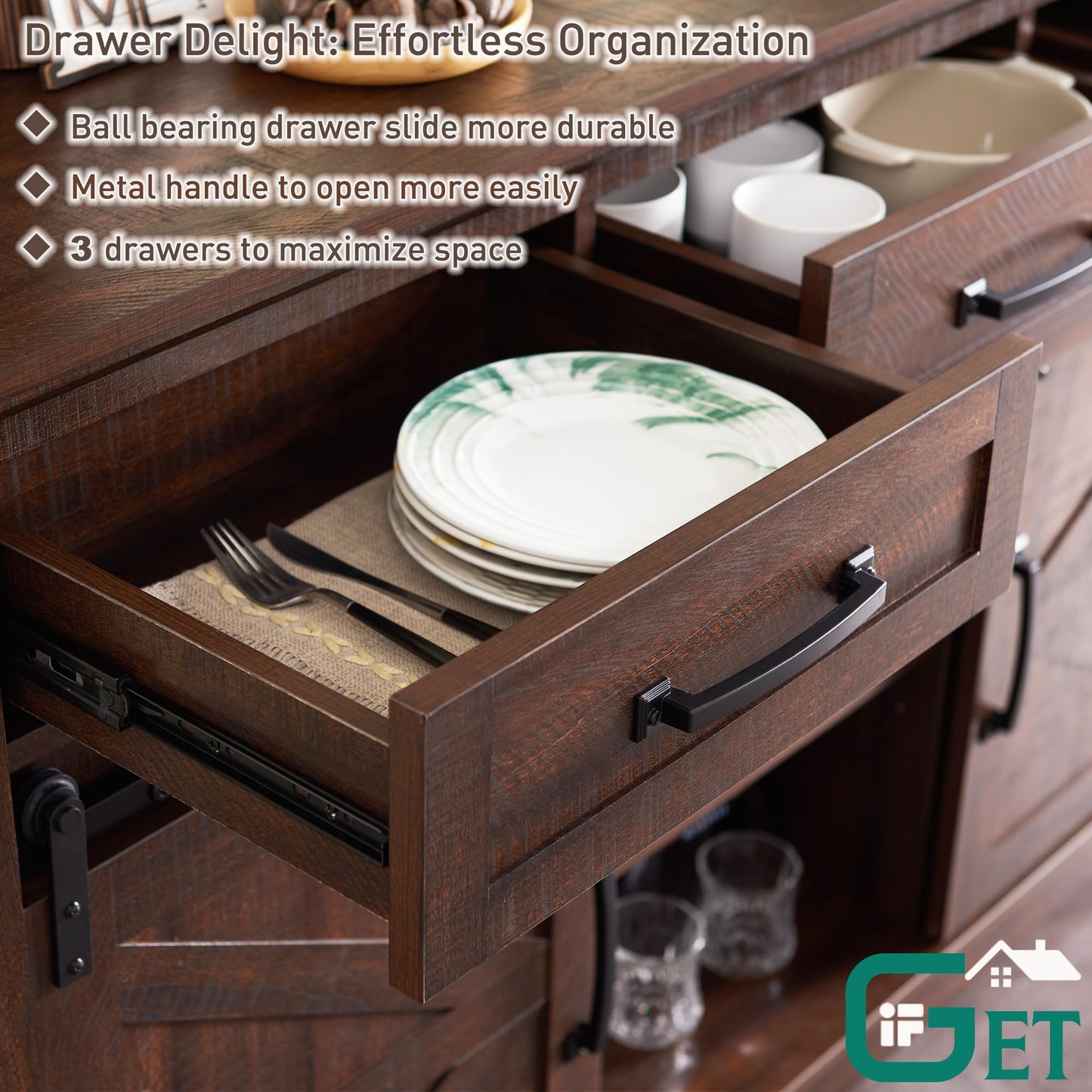 **Farmhouse Buffet Cabinet, 53" Sideboard with 3 Drawers, Rustic Storage Cabinet with Sliding Barn Door, Coffee Bar for Dining Room, Kitchen, Hallway, or Living Room, Brown**