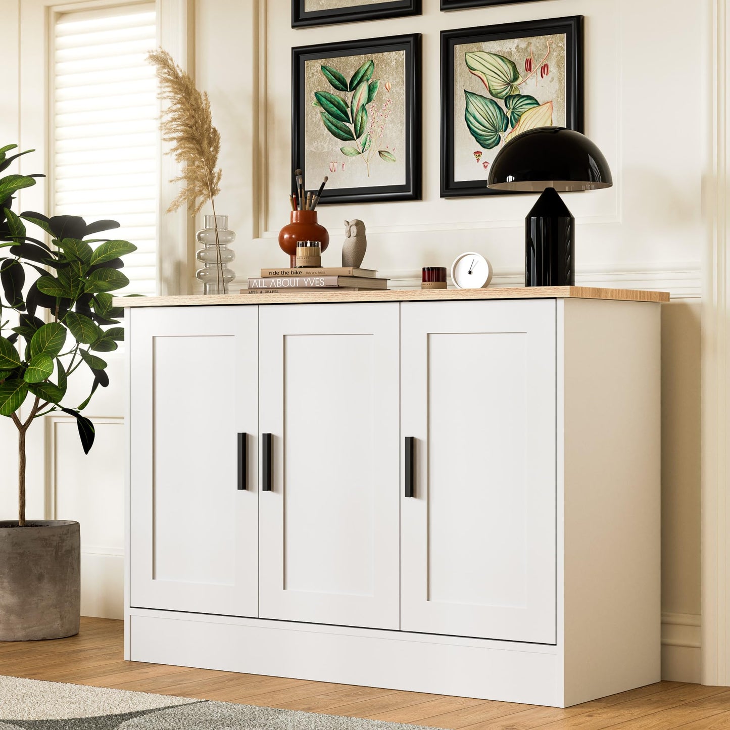 43" White Buffet Cabinet with 3 Doors and Adjustable Shelf, Modern Coffee Bar Sideboard for Kitchen or Living Room
