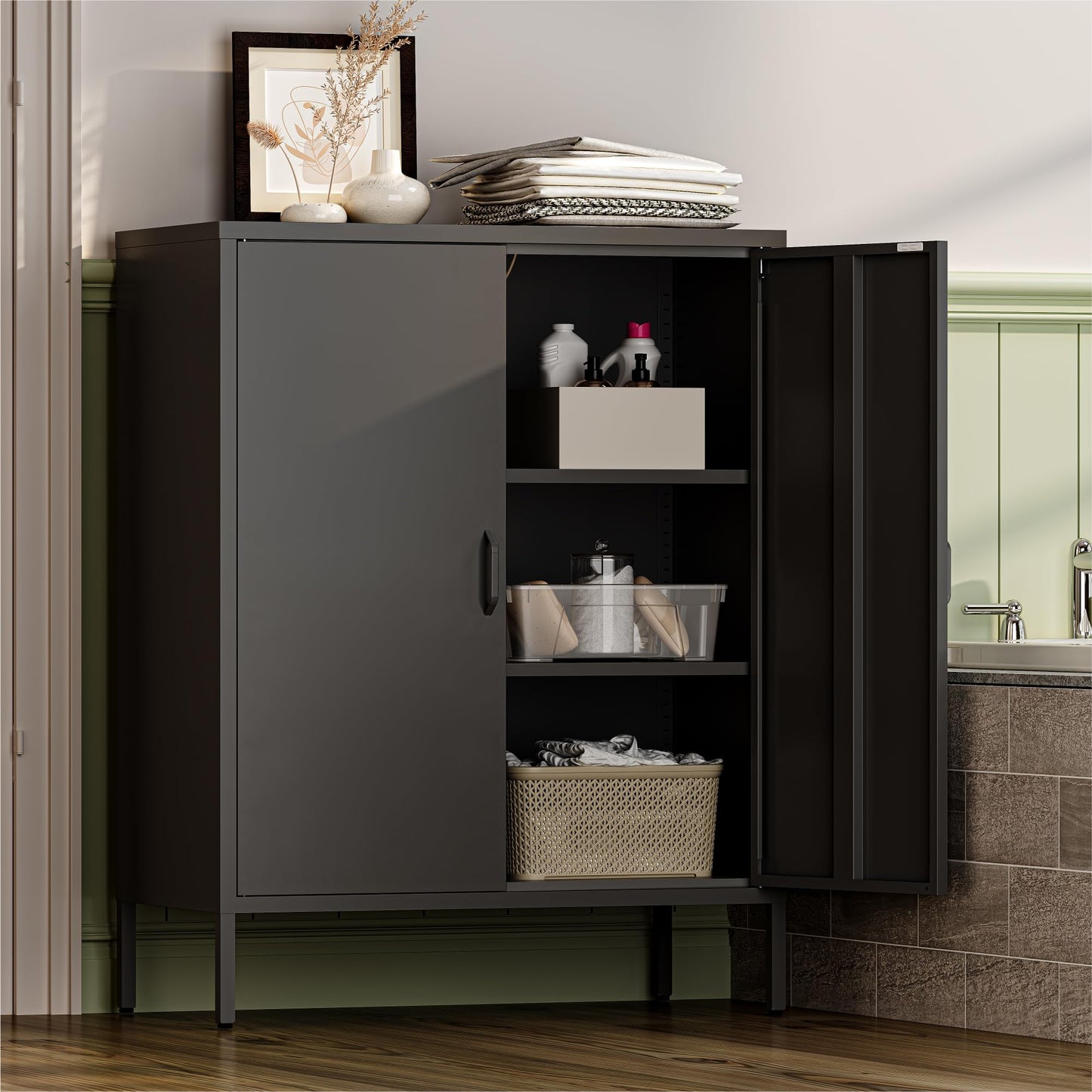 Metal Locker Storage Cabinet with 2 Doors and 4 Shelves, 39.96" Steel Floor Cabinet for Office, Home, Garage, Gym, or School, Black
