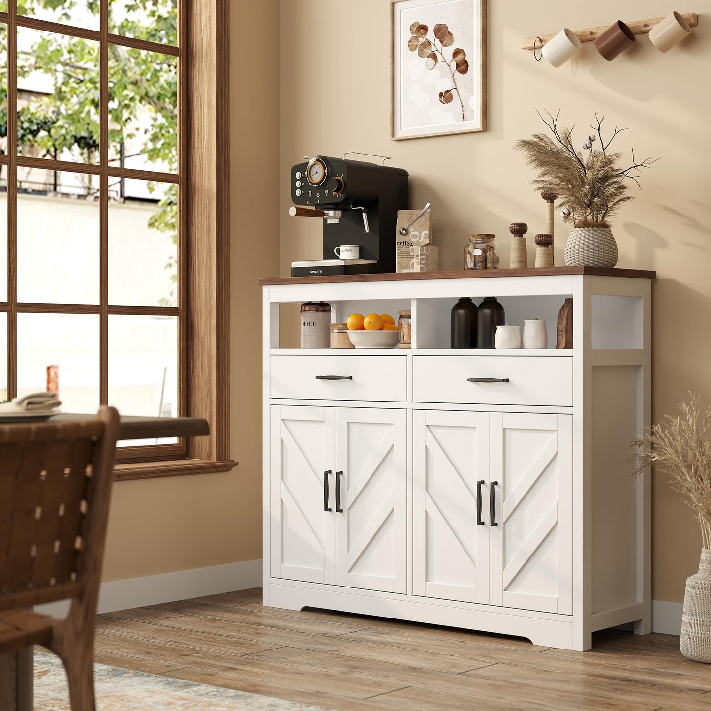 **47" Farmhouse Buffet Sideboard with Storage, 4-Door Kitchen Cabinet with Shelves, Wood Coffee Bar Cabinet for Kitchen, Dining Room, or Entryway**