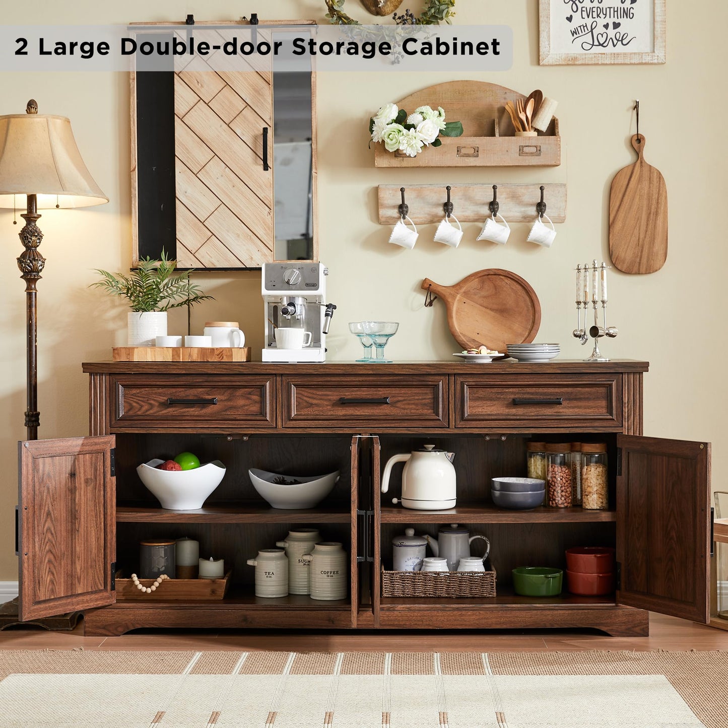 **66" Large Buffet Sideboard Cabinet with 4 Doors and 3 Drawers, Coffee Bar Wine Bar Storage Cabinet for Dining Room, Living Room, or Hallway, Dark Brown**