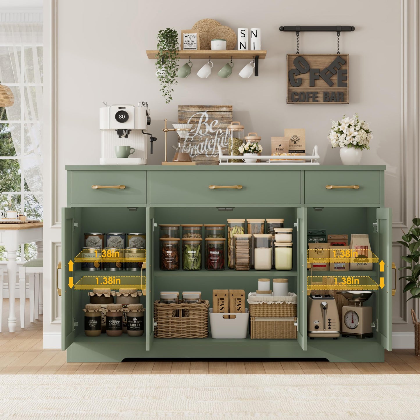 55" Large Buffet Sideboard Cabinet with Drawers, Shelves, and Doors, Modern Farmhouse Coffee Bar Station for Kitchen or Dining Room, Green