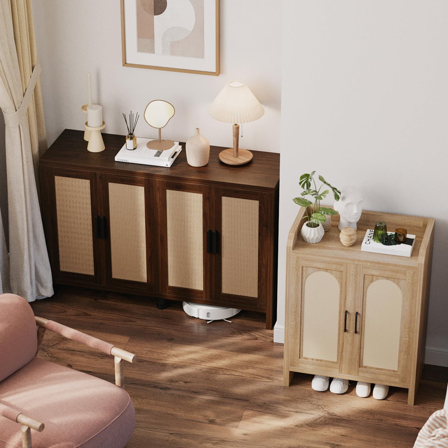 **Rattan Buffet Cabinet with Storage, Sideboard with Doors and Adjustable Shelves, Farmhouse Coffee Bar Station, Modern