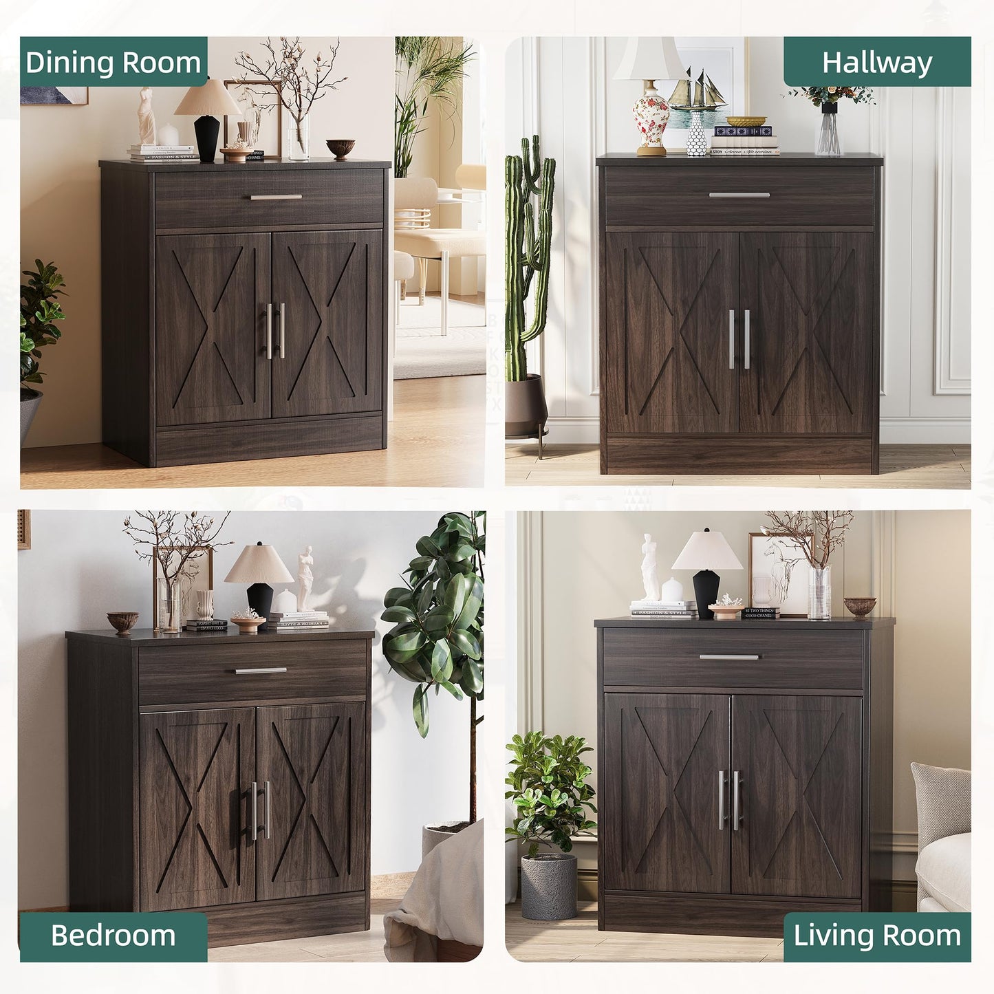 **Shintenchi Farmhouse Storage Cabinet with Doors, Shelves, and Drawers, Kitchen Barn Door Coffee Bar Sideboard for Dining Room, Living Room, Bathroom, or Entryway, Dark Brown**