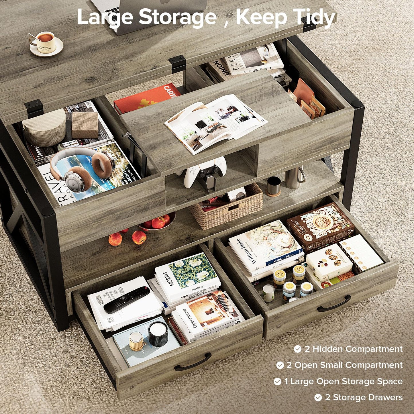 40" Lift Top Coffee Table, 4-in-1 Multi-Functional Farmhouse Coffee Table with Storage Drawers & Hidden Compartment, Lift Tabletop Center Table for Living Room, Grey