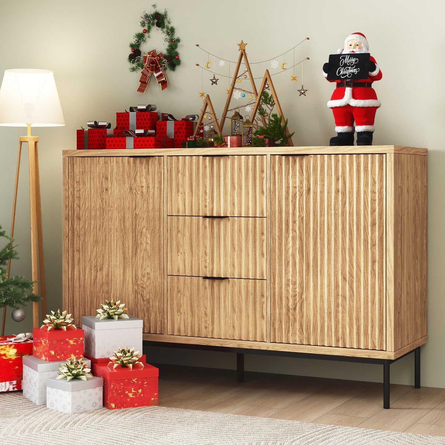 **Real Relax Sideboard Buffet Cabinet with Storage, Modern Fluted Sideboard with 2 Doors and 3 Drawers, Coffee Bar Accent Storage Credenza for Kitchen, Dining Room, and Living Room, Oak**