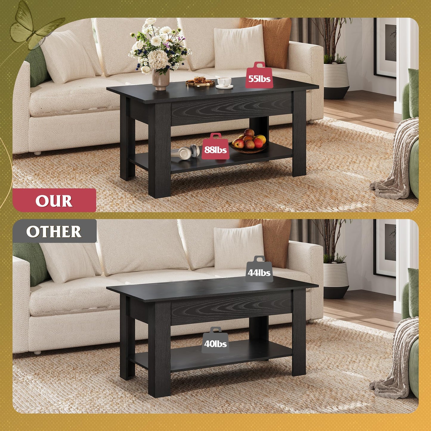 39" Lift Top Coffee Table with Hidden Compartment and Storage Shelf for Living Room or Office, Black Oak