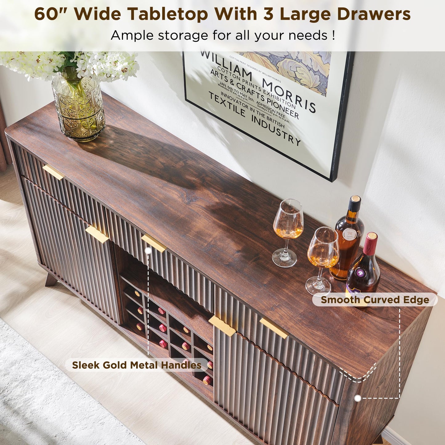 60" Fluted Buffet Cabinet with 3 Drawers and 2 Doors, Modern Wine and Coffee Bar Sideboard with Wine and Glass Racks, Adjustable Shelves for Kitchen or Dining, Walnut