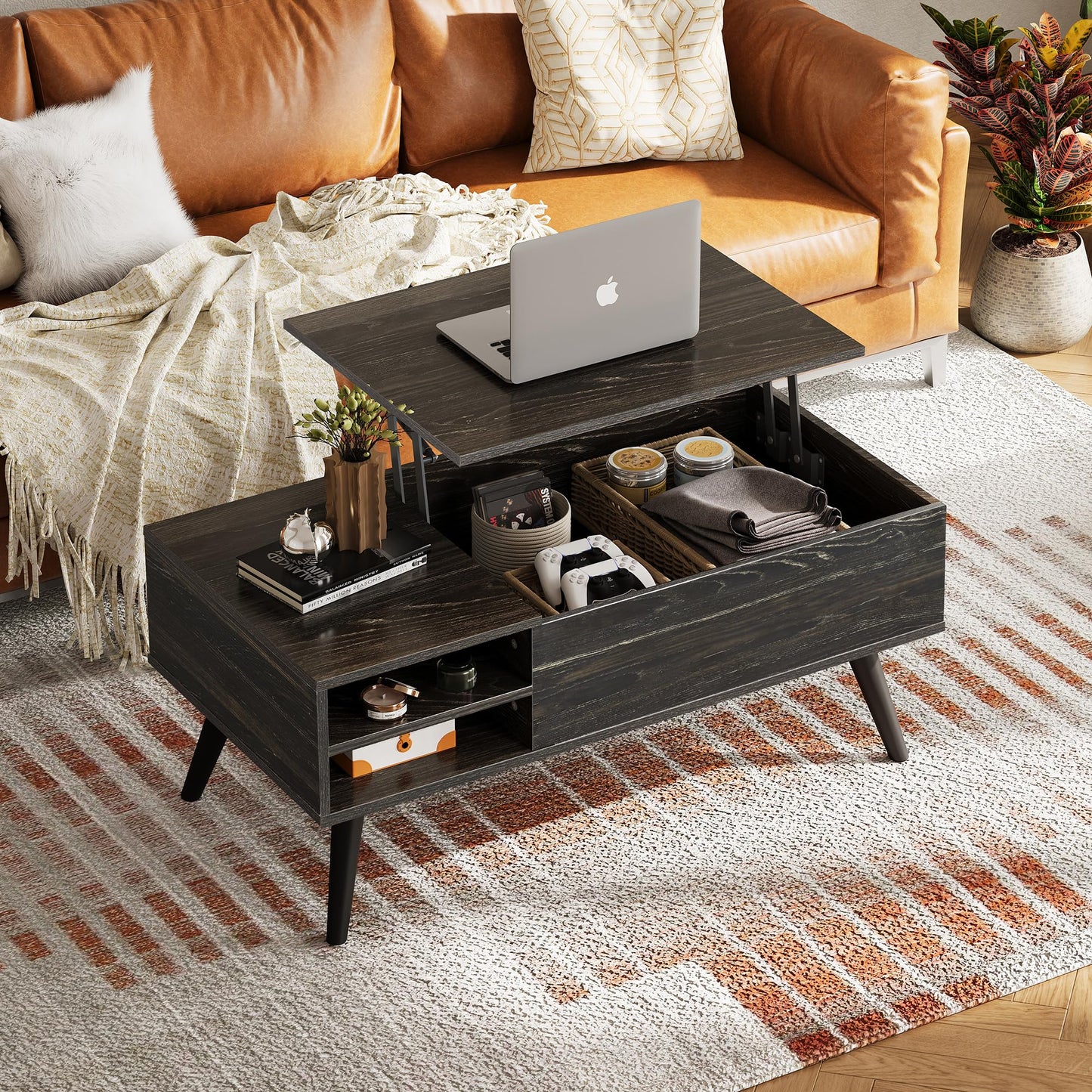 WLIVE Charcoal Black Wood Lift Top Coffee Table – Hidden Compartment & Adjustable Storage Shelf, Convertible Dining Table for Living Room or Office