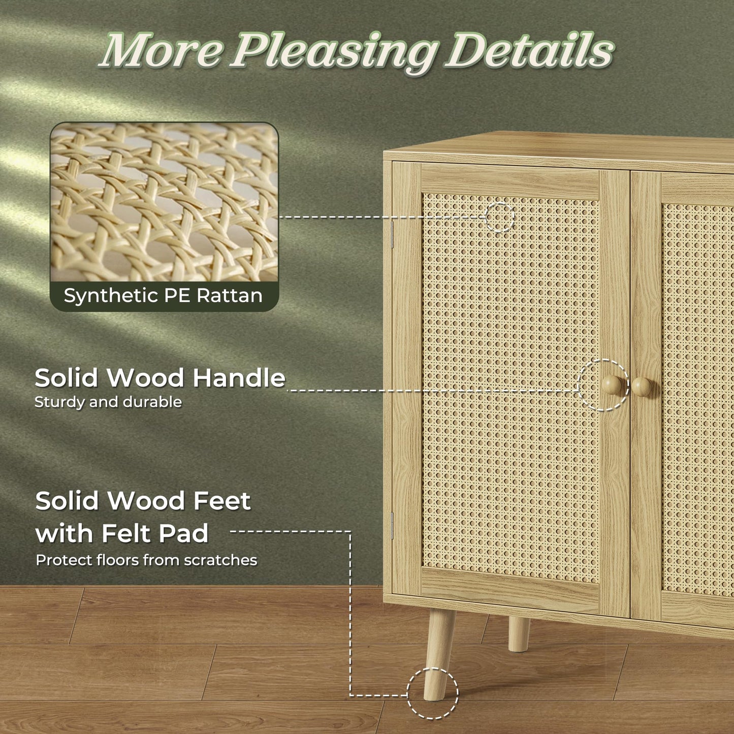 **Huuger Buffet Cabinet with Storage, PE Rattan Decor Doors, Solid Wood Feet Accent Sideboard for Hallway, Entryway, or Living Room, Natural**