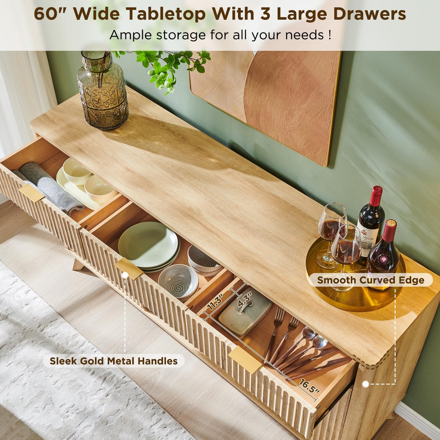 60" Fluted Buffet Cabinet with 3 Drawers and 2 Doors, Modern Wine and Coffee Bar Sideboard with Wine and Glass Racks, Adjustable Shelves for Kitchen or Dining, Natural Oak