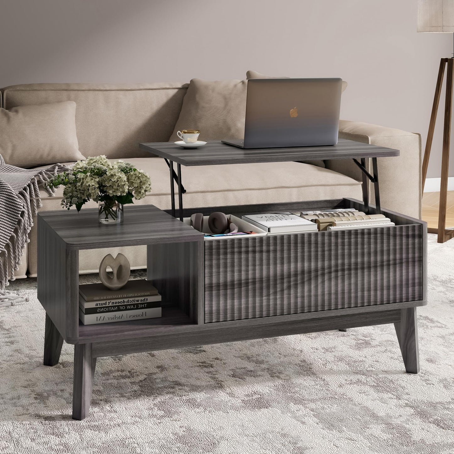 LYNCOHOME Fluted Lift Top Coffee Table with Storage – Modern Center Table for Living Room or Home Office, Grey Finish