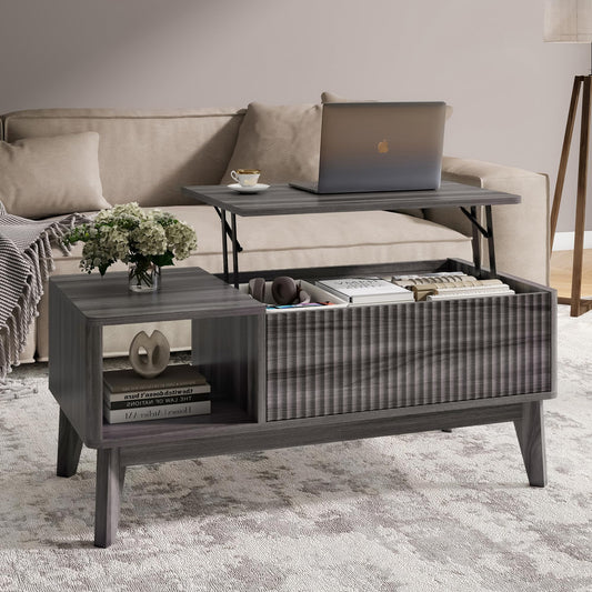 LYNCOHOME Fluted Lift Top Coffee Table with Storage – Modern Center Table for Living Room or Home Office, Grey Finish