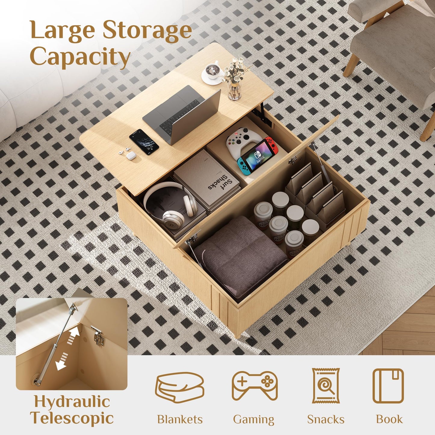 Lift Top Coffee Table with Storage,36" Large Square Coffee Tables for Living Room,Mid Century Modern Center Table for Home Office, Oak