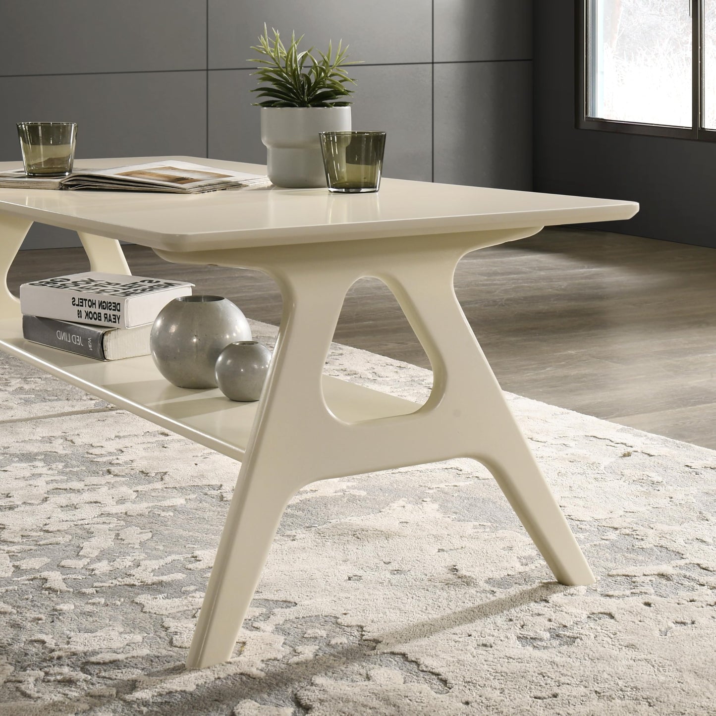 Roundhill Furniture Arona Mid-Century Modern Wood Coffee Table with Shelf – Off-White Finish